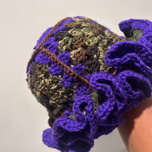 Crochet Ruffle Hat Purple Camouflage