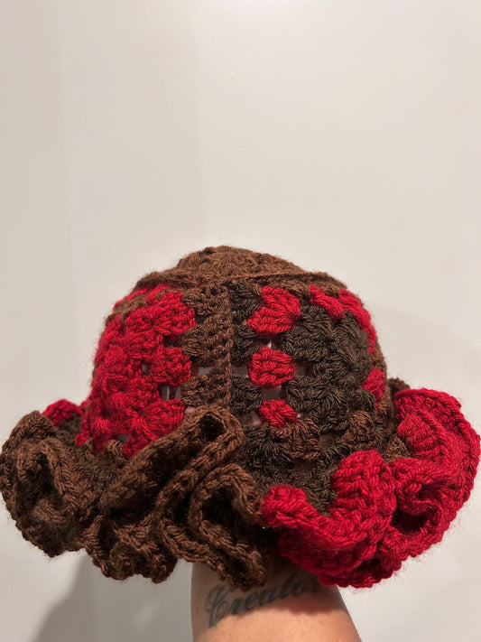 Crochet Ruffle Hat Brown and Burgundy