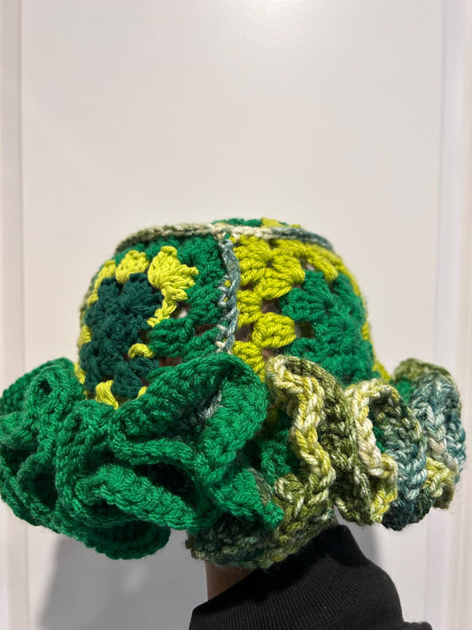 Green Patchwork Handmade Crochet Ruffle Bucket Hat