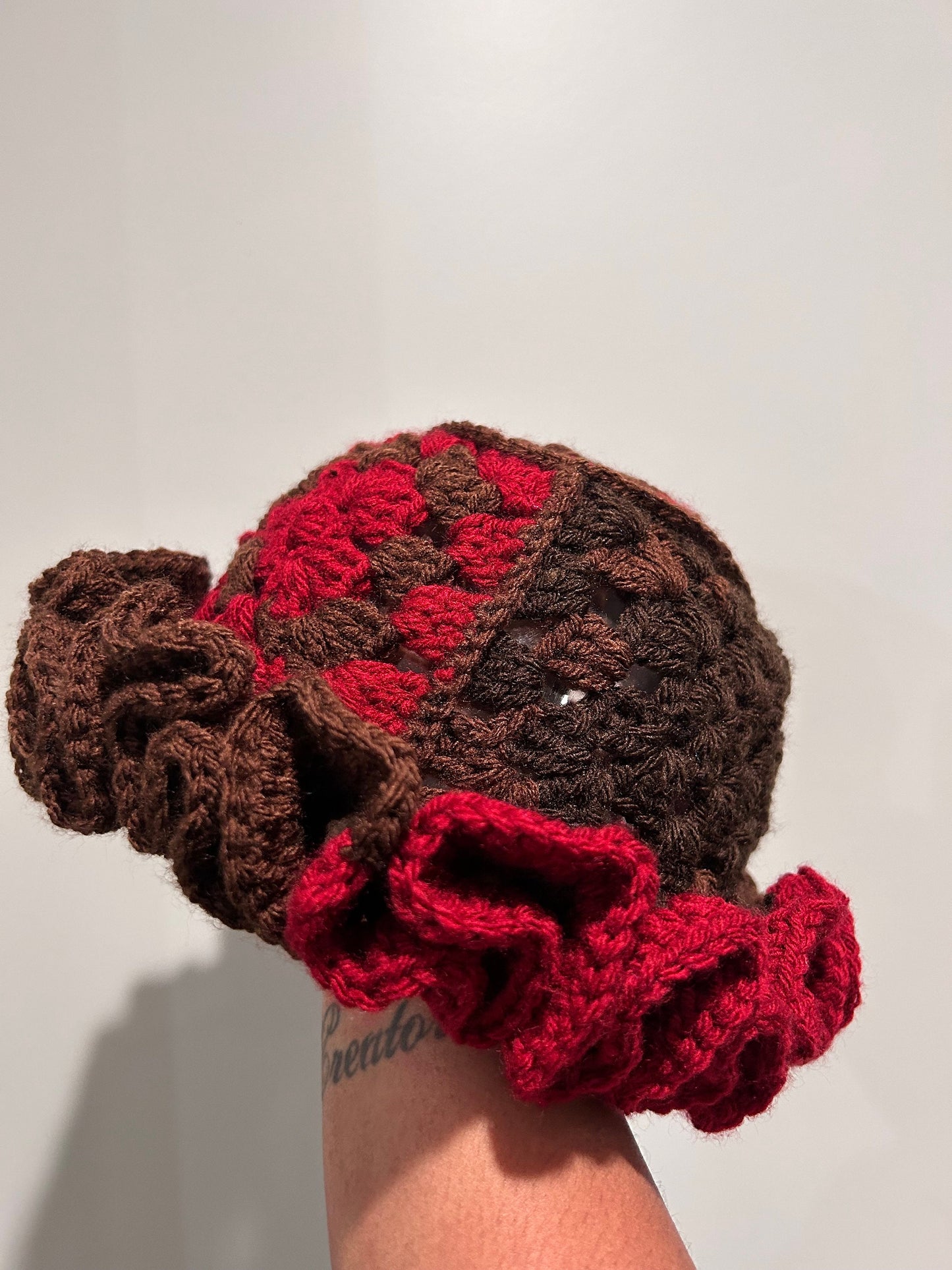 Crochet Ruffle Hat Brown and Burgundy