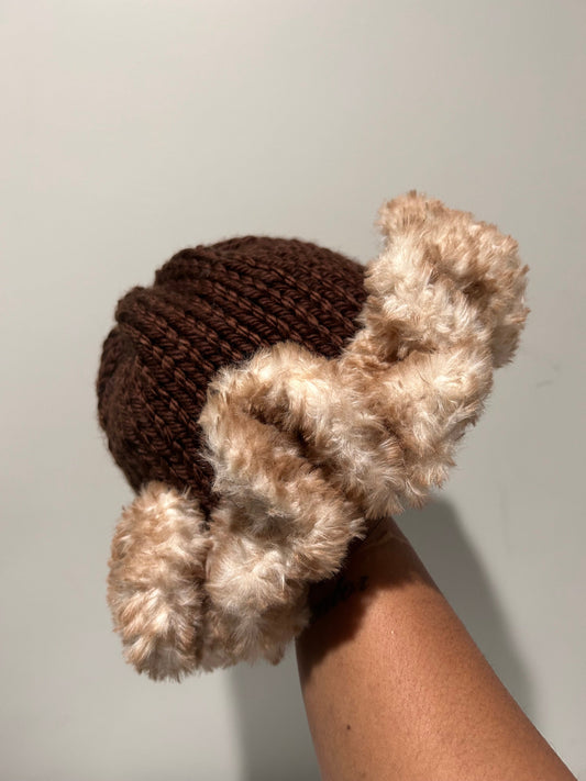 Brown Knit Ruffle Hat with Faux Fur