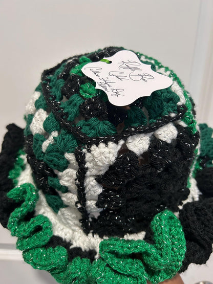 Crochet Ruffle Bucket Hat: Celtics Green & Black