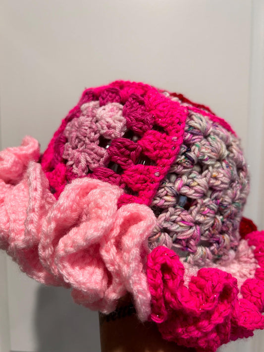 Crochet Ruffle Bucket Hat: Red and Pink Lover Girl Valentines Day