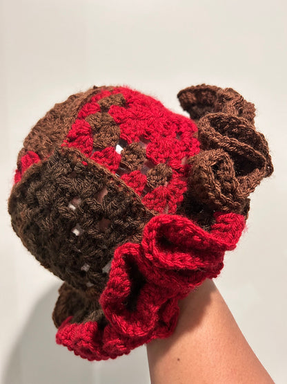 Crochet Ruffle Hat Brown and Burgundy