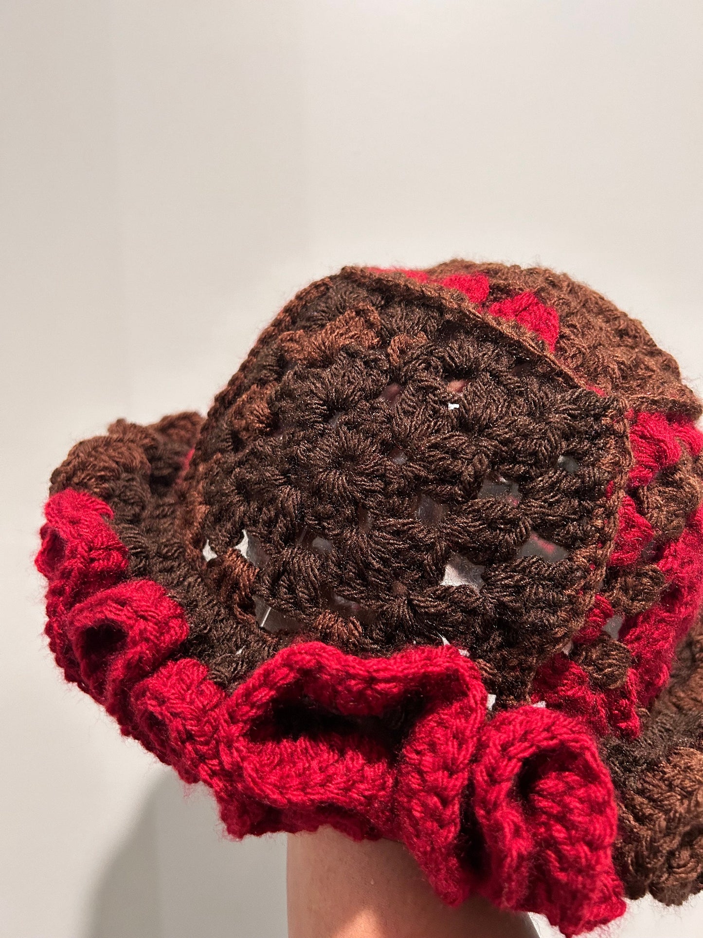 Crochet Ruffle Hat Brown and Burgundy
