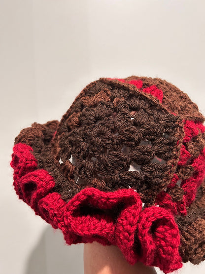 Crochet Ruffle Hat Brown and Burgundy
