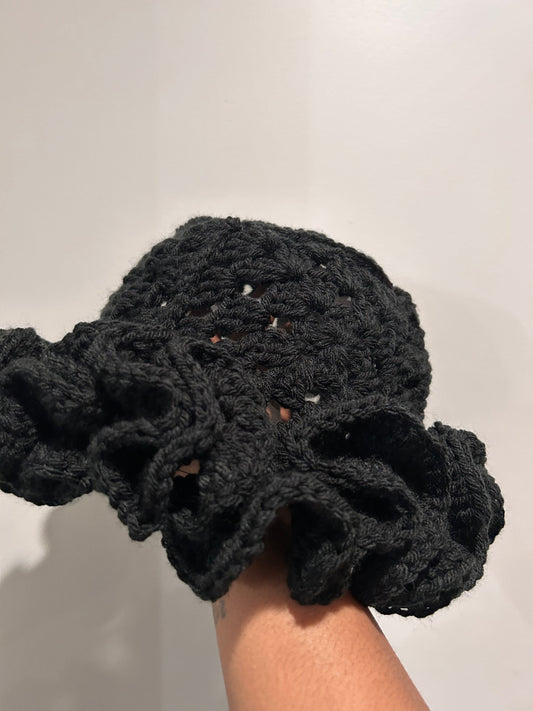 Black Crochet Ruffle Bucket Hat