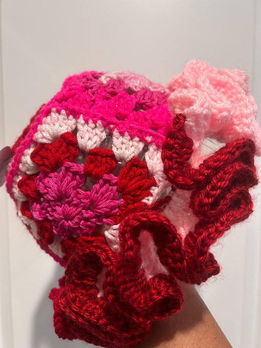 Crochet Ruffle Bucket Hat: Red and Pink Lover Girl Valentines Day