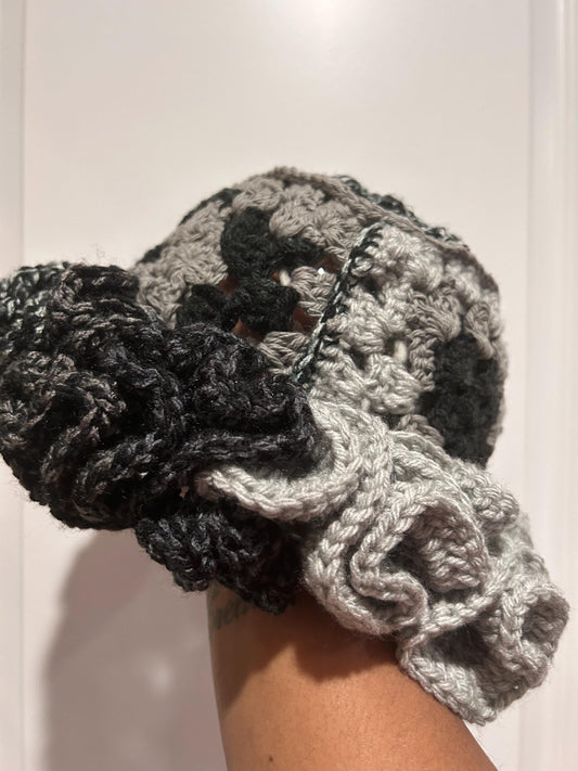 Crochet Ruffle Bucket Hat: Gray Sweatpants Season Patchwork