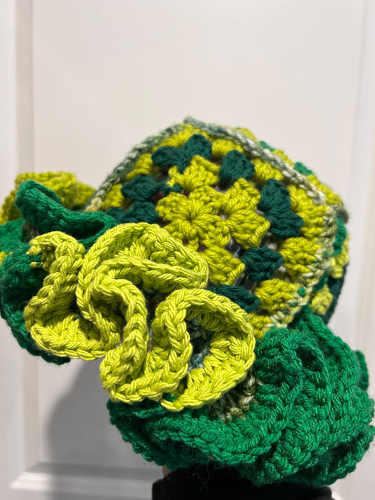 Green Patchwork Handmade Crochet Ruffle Bucket Hat