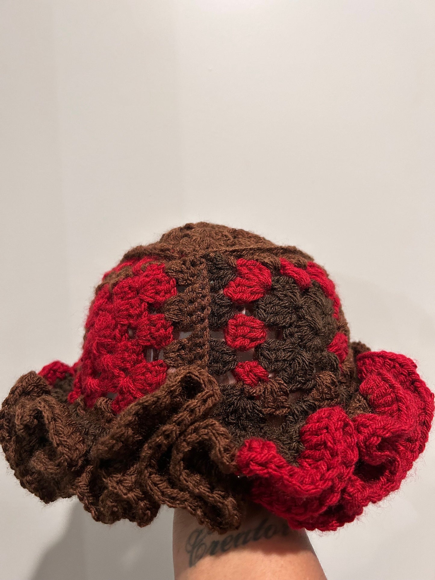 Crochet Ruffle Hat Brown and Burgundy