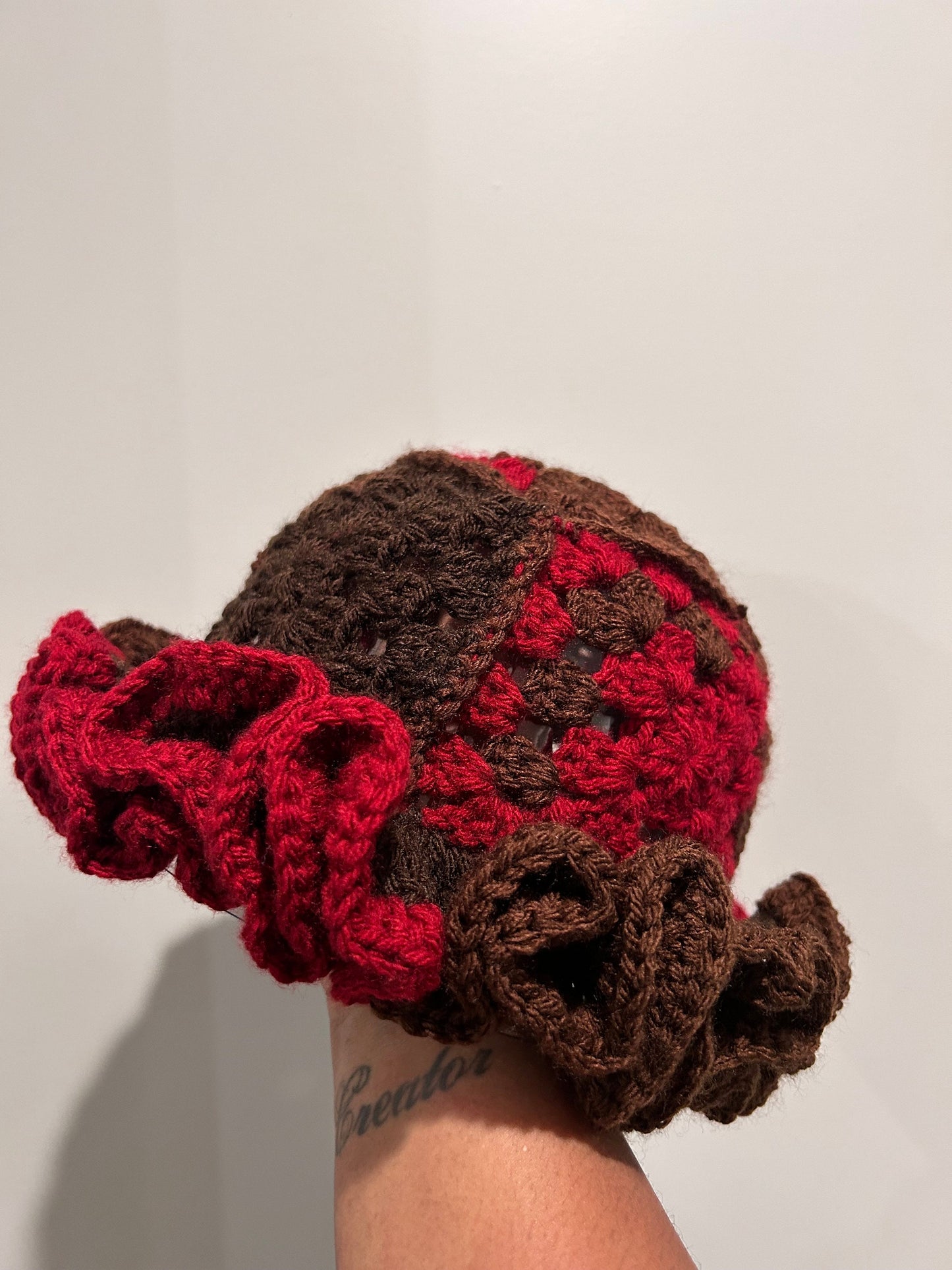 Crochet Ruffle Hat Brown and Burgundy